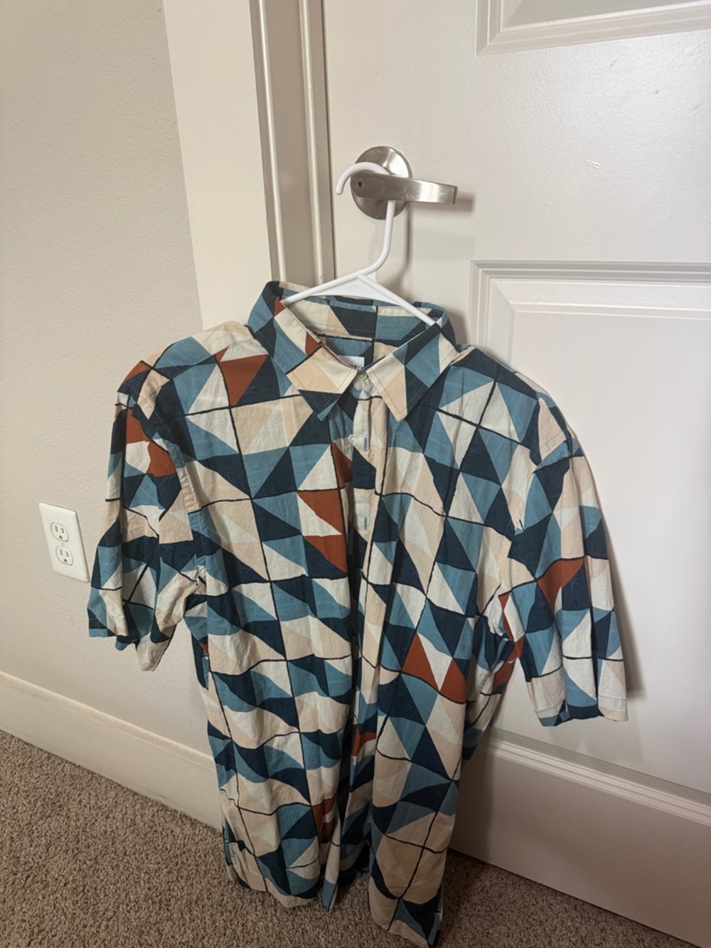 Zara Geometric Short Sleeve Button-Down in Teal, Cream & Rust
